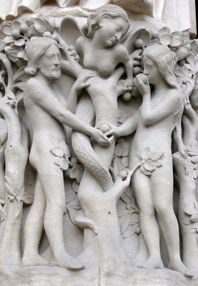 Notre Dame Statue Showing Lilith Tempting Adam and Eve in the garden