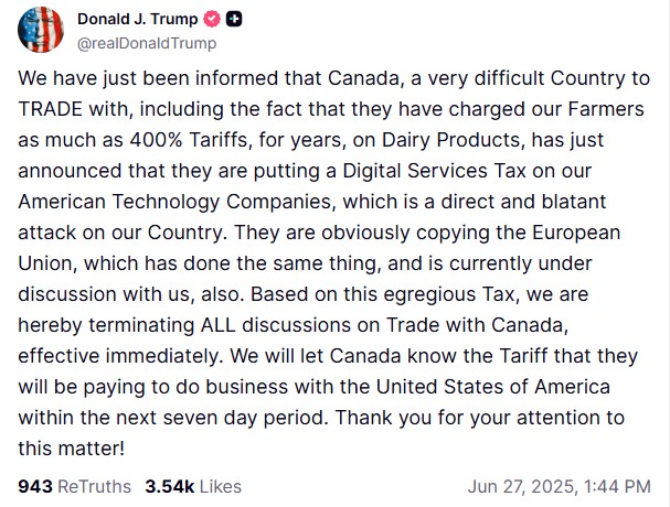 BREAKING: Trump Terminates All Trade Talks with Canada